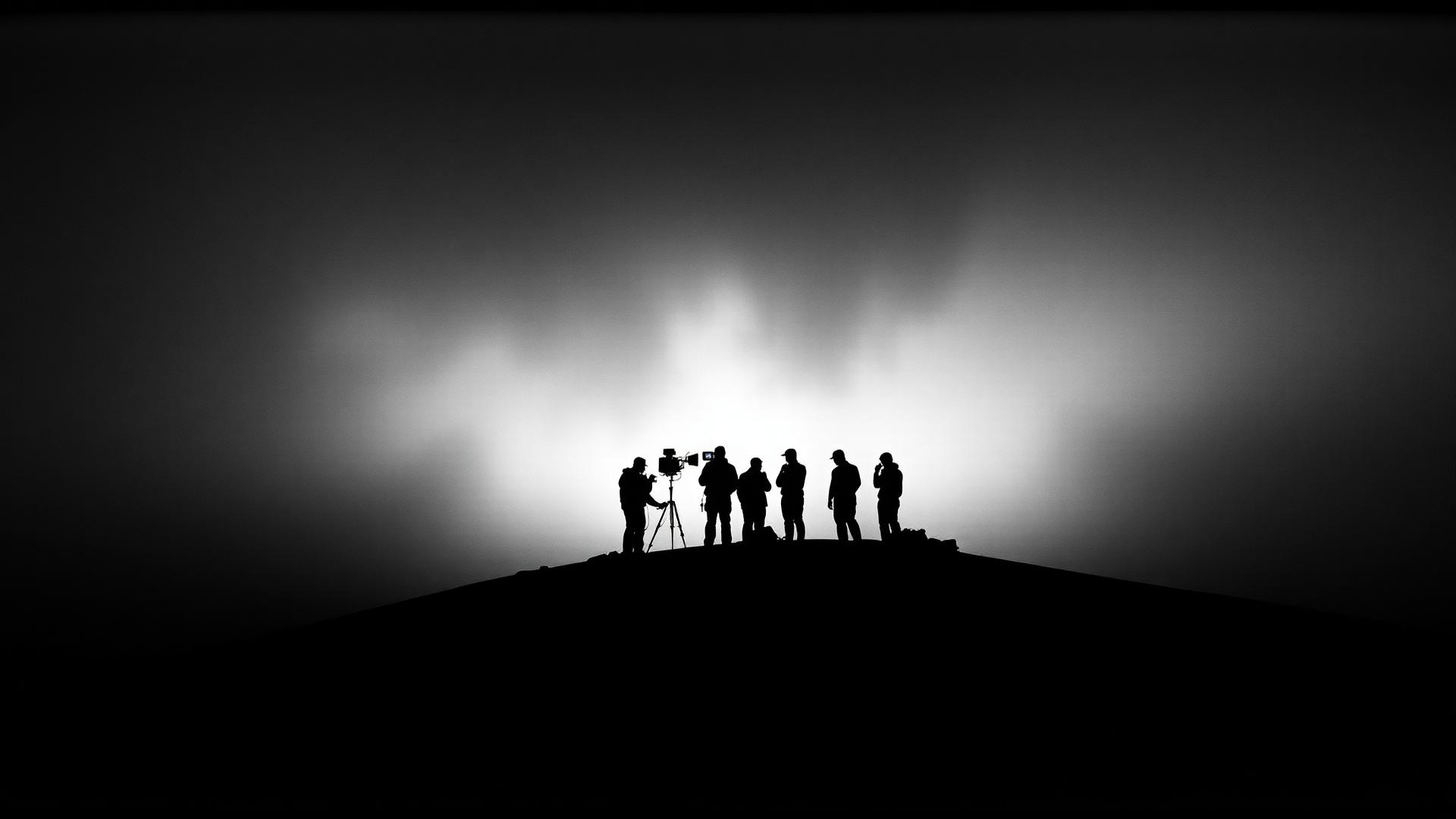 Film crew silhouetted on a ridge at first light